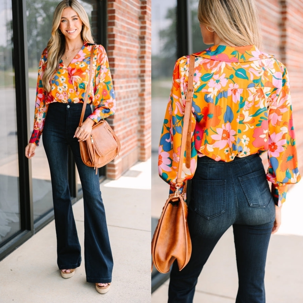 Anthropologie Entro Rusty Floral Button Poet Sleeve Surplice Neckline Bodysuit S